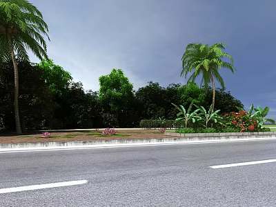 Scenic Roadside Landscape with Palm Trees Lush Trees Shrubs and Colorful Flowers 3d model