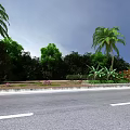 Scenic Roadside Landscape with Palm Trees Lush Trees Shrubs and Colorful Flowers