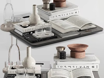 Stylish Decorative Ornament Arrangement With Stacked Books Glass Cups Vases And Bowls On Tray 3d model