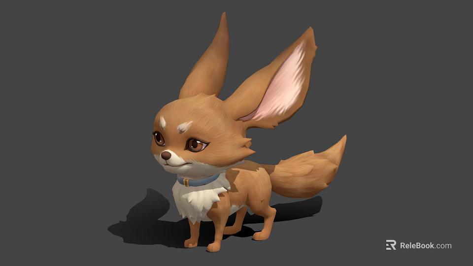 Cute Cartoon Fennec Fox Character With Big Ears Brown Fur And Blue Collar 3d model 