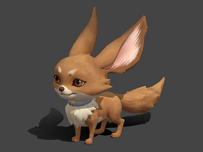 Cute Cartoon Fennec Fox Character With Big Ears Brown Fur And Blue Collar 3d model