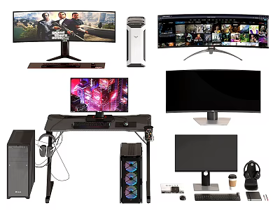Gaming Computer Setup With Multiple Monitors Desktop PC Keyboard Mouse And Headphones 3d model