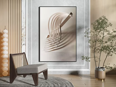 Modern Interior Space With Abstract Decorative Painting Accent Chair And Potted Plant 3d model