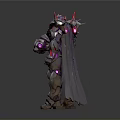 Sci Fi Mechanical Warrior Character With Spiked Head Purple Glowing Weapon And Cloak