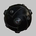 Black Spherical Object With Metallic Components And Shiny Surface Features