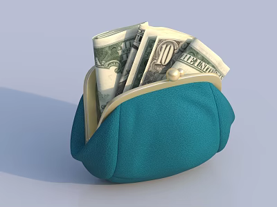 Teal Small Purse With Gold Clasp And US Dollar Bills Inside 3d model
