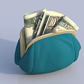 Teal Small Purse With Gold Clasp And US Dollar Bills Inside 3d model