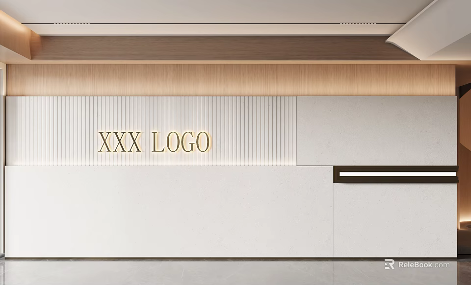 Modern Background Wall With Wooden Ribbed Panel White Surface And Logo Design 3d model 