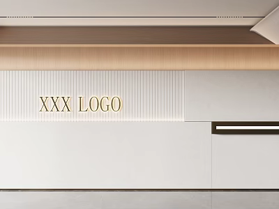 Modern Background Wall With Wooden Ribbed Panel White Surface And Logo Design 3d model
