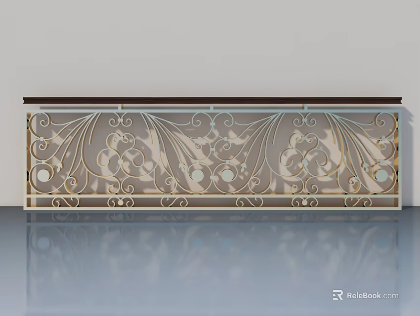 Elegant Swing Door With Golden Scroll Patterns Glass Panel And Dark Top Rail 3d model