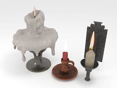 Candle Holders With Lit Candles Melted Wax And Various Decorative Bases 3d model