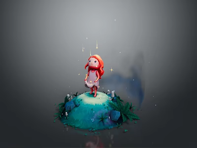 Red Haired Girl Standing On Green Island With Plants Mushrooms Glowing Stars And Dark Smoke 3d model