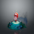 Red Haired Girl Standing On Green Island With Plants Mushrooms Glowing Stars And Dark Smoke
