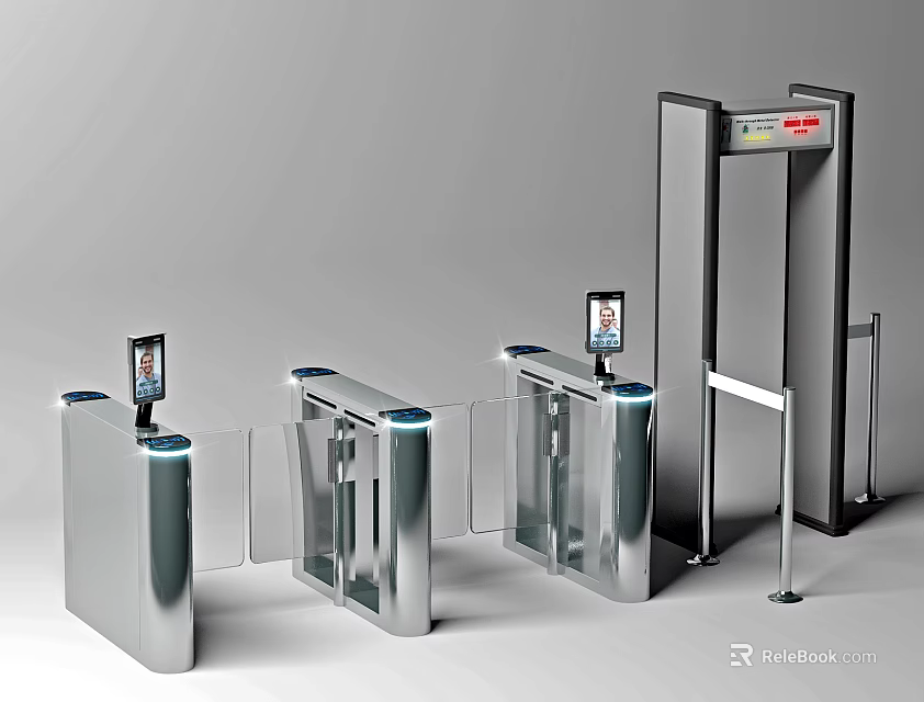 Modern Public Facilities Security Gate And Automatic Turnstile With Digital Screens 3d model 