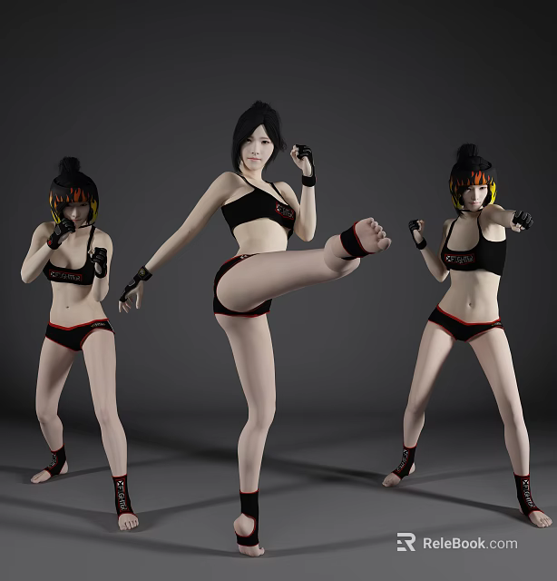 Women In Black Sportswear With Red Trim Showing Different Martial Arts Poses And Hairstyles 3d model 