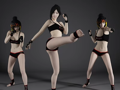 Women In Black Sportswear With Red Trim Showing Different Martial Arts Poses And Hairstyles 3d model