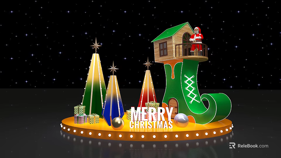 Christmas Decorative Scene With Green Boot House Santa Claus Trees Gifts And Starry Background 3d model 