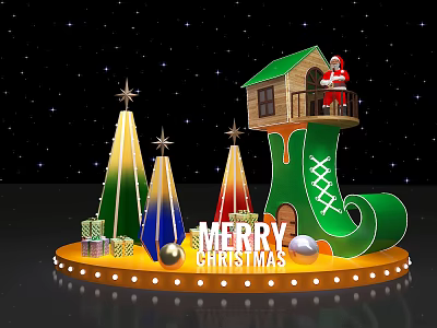 Christmas Decorative Scene With Green Boot House Santa Claus Trees Gifts And Starry Background 3d model