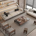 Modern Living Room Beige Sofa Coffee Table Combination With Wooden Floor Area Rug And Pillows