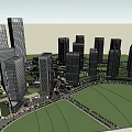 Modern High Rise Buildings in Urban Area with Glass Facades and Green Spaces