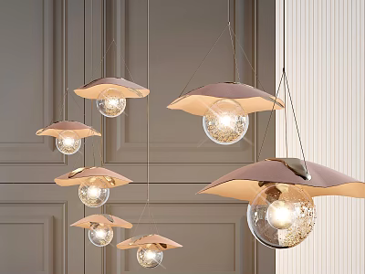 Elegant Modern Pendant Lights With Umbrella Shaped Shades And Clear Glass Bulbs Against Minimalist Wall 3d model