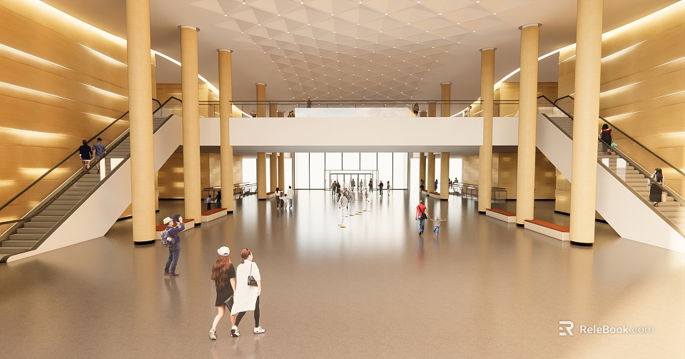 Exhibition Hall Spacious Interior With High Ceiling Tall Columns And Visitors Walking 3d model 