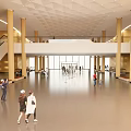 Exhibition Hall Spacious Interior With High Ceiling Tall Columns And Visitors Walking