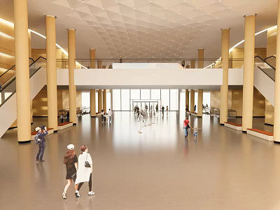 Exhibition Hall Spacious Interior With High Ceiling Tall Columns And Visitors Walking 3d model