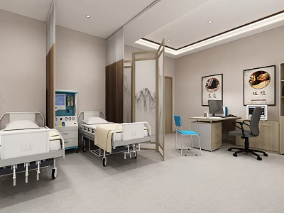 Modern Hospital Ward Interior With Two Beds Medical Equipment Desk Chairs And Decorative Art 3d model