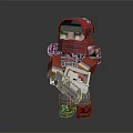 Pixelated Red Game Character In Helmet And Outfit With BOSS Logo Holding Silver Weapon
