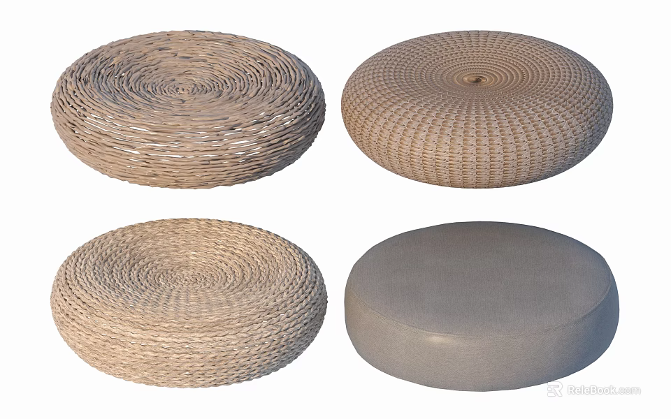 Light Brown Woven Round Stools with Gray Padded Seat for Home Use 3d model 