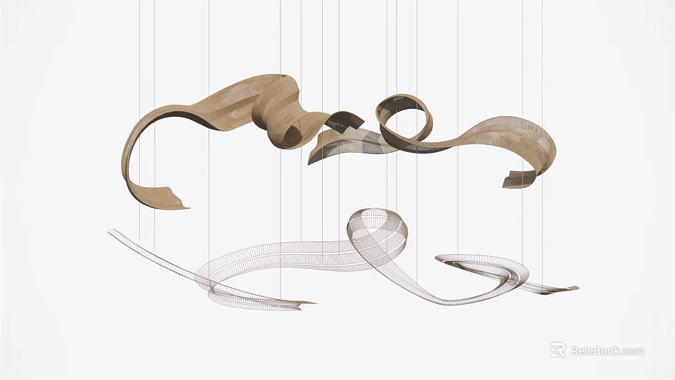 Artistic Abstract Chandelier With Irregular Curved Shapes Suspended In Modern Living Room 3d model 