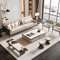 Modern Minimalist Sofa And Coffee Table Set With Multiple Cushions Chairs And Large Windows 3d model