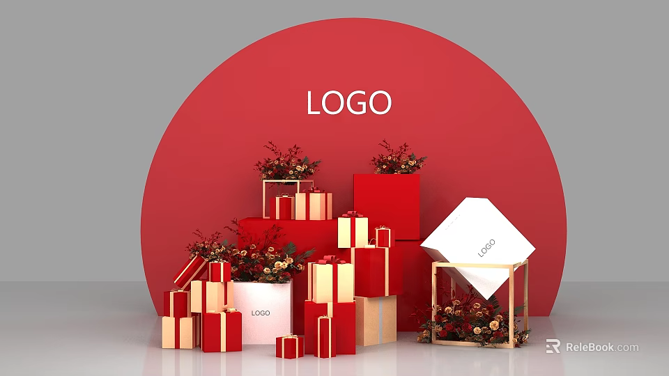 Red Circular Backdrop With Logo And Stacked Red Gold Gift Boxes Decorative Bouquets 3d model 