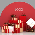 Red Circular Backdrop With Logo And Stacked Red Gold Gift Boxes Decorative Bouquets 3d model