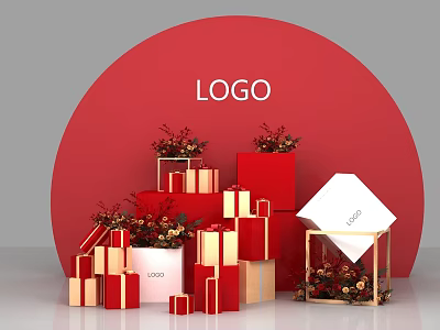 Red Circular Backdrop With Logo And Stacked Red Gold Gift Boxes Decorative Bouquets 3d model