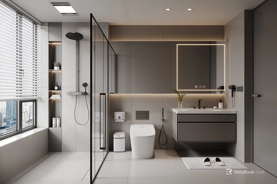 Modern Bathroom Interior With Gray Tones Glass Shower Smart Toilet Vanity Mirror And Storage Cabinets 3d model 