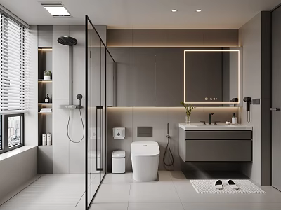 Modern Bathroom Interior With Gray Tones Glass Shower Smart Toilet Vanity Mirror And Storage Cabinets 3d model