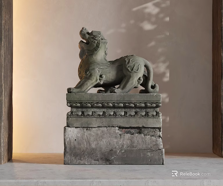 Stone Lion Sculpture With Intricate Carved Details On Decorative Pedestal Indoor 3d model 