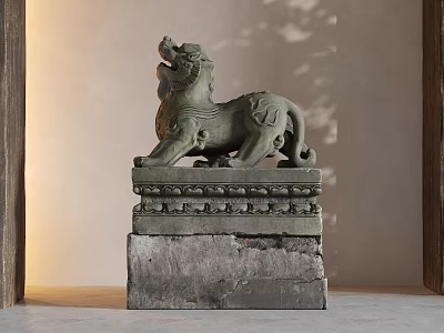 Stone Lion Sculpture With Intricate Carved Details On Decorative Pedestal Indoor 3d model