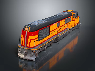 Vibrant Red And Yellow Train Locomotive With Shiny Metal Surface And Reflective Base 3d model