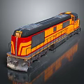 Vibrant Red And Yellow Train Locomotive With Shiny Metal Surface And Reflective Base