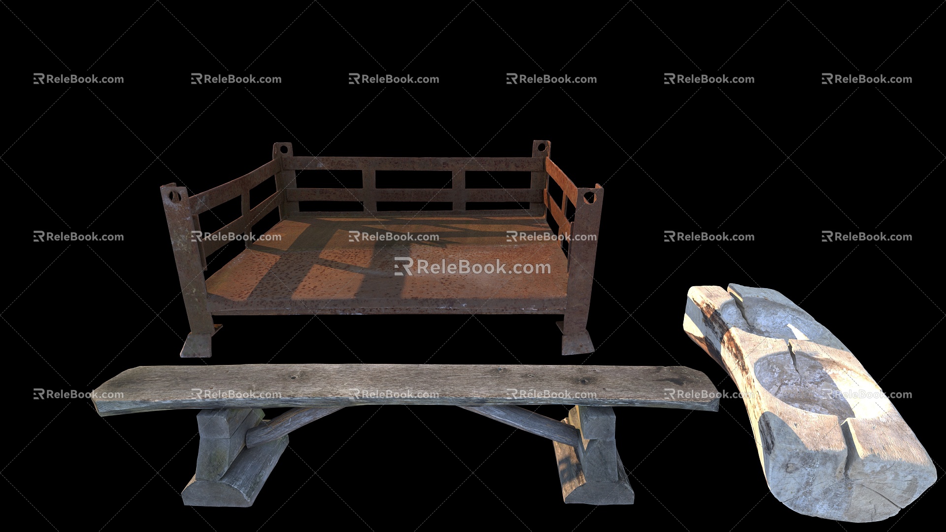 wooden bench iron rack 3d model