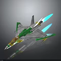 Sleek Green Silver Yellow Fighter Jet 3D Model With Blue Flames And Transparent Cockpit