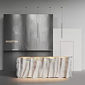 Modern Reception Desk Design With Textured Stone Countertop And Gray Wall Panels