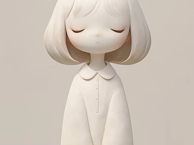 Cute White Decorative Figurine Set With Short Hair Collared Dress Closed Eyes Home Decor 3d model