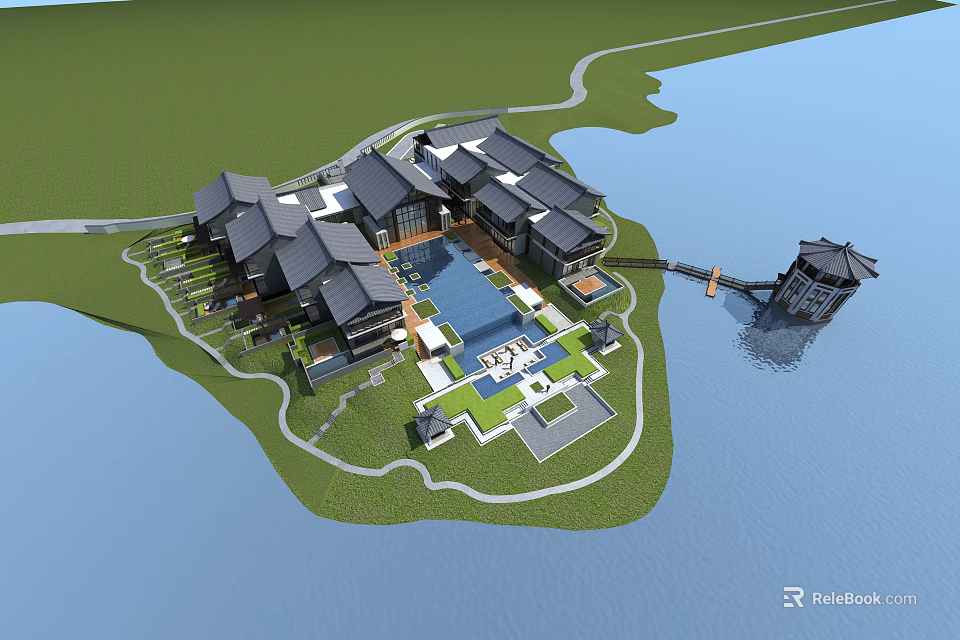 Traditional Style Waterfront Hotel Building With Swimming Pool Green Area And Bridge 3d model 