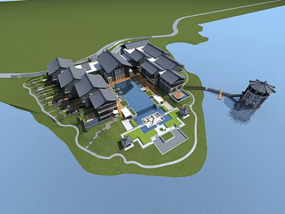 Traditional Style Waterfront Hotel Building With Swimming Pool Green Area And Bridge 3d model