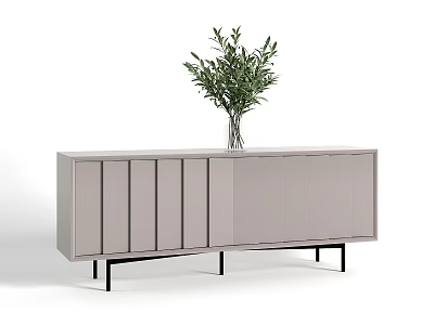 Modern Light Gray TV Stand With Cabinet Doors Black Legs And Green Plant 3d model