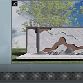 Feature Wall With Relief Design Gray Brown Rockery Under Green Trees Blue Sky